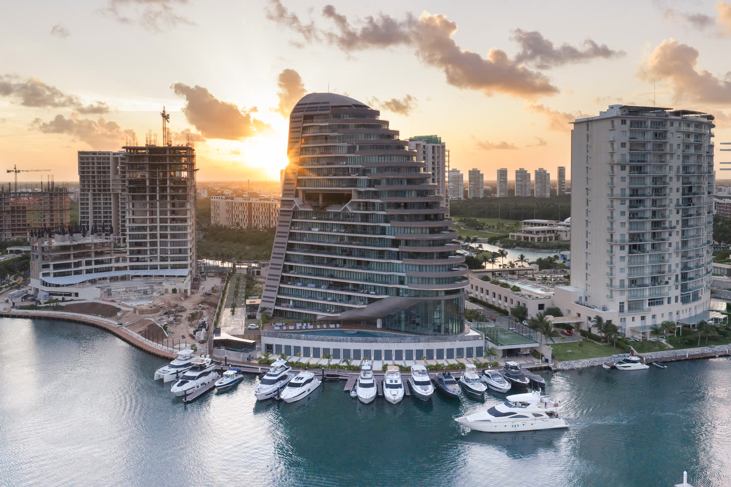 Puerto Cancún marina at sunset